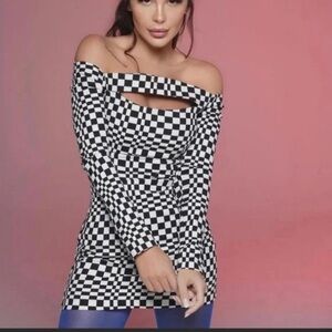 Zara‎ Black & White Checkered Small Cutout Front Long Sleeves Mini Dress NWT S